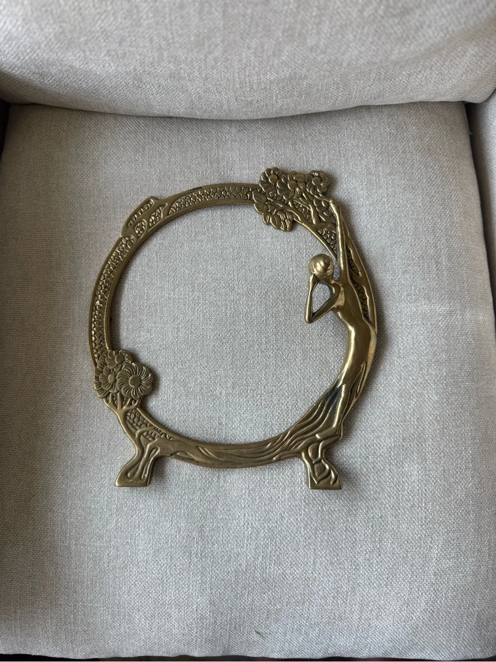 Brass Art Nouveau Round Frame with Female  Figure and Floral Motifs